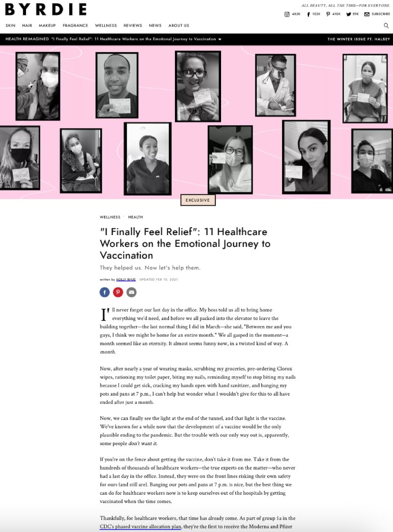 Screenshot of an article: "I Finally Feel Relief": 11 Healthcare Workers on the Emotional Journey to Vaccination