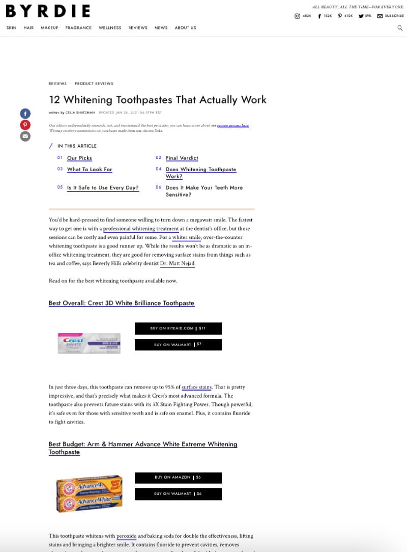 Screenshot of an article: 12 Whitening Toothpastes That Actually Work