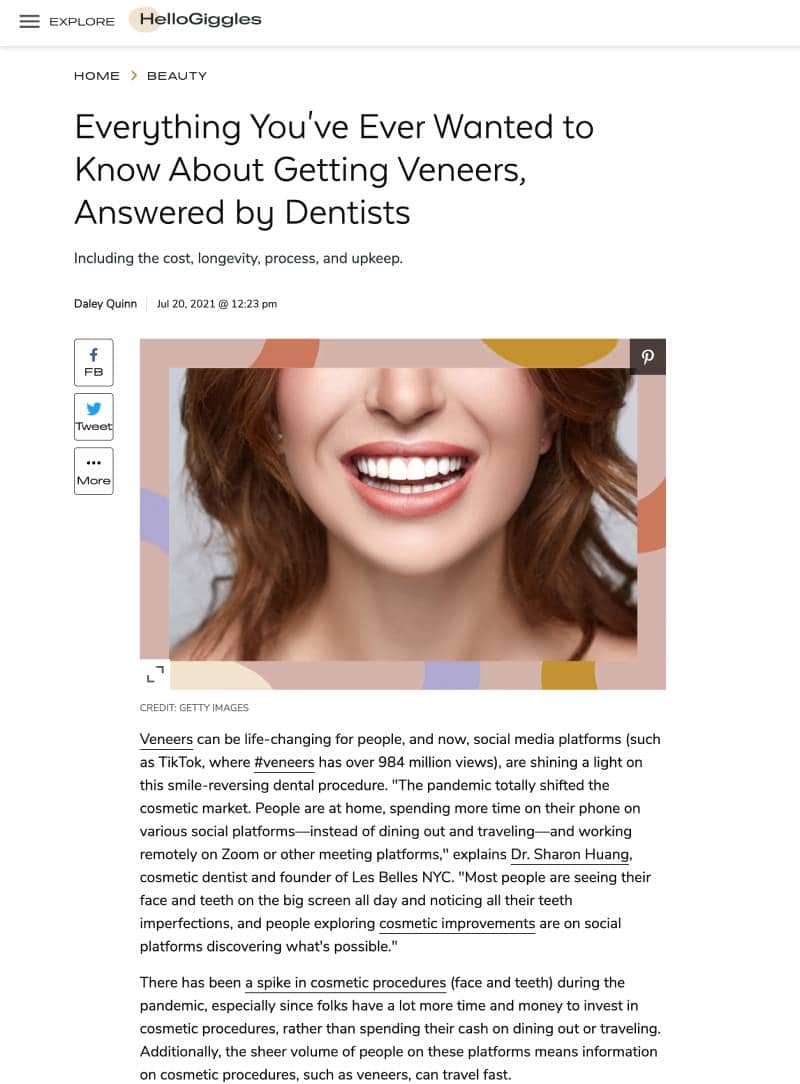 Screenshot of an article titled: Everything You've Ever Wanted to Know About Getting Veneers, Answered by Dentists