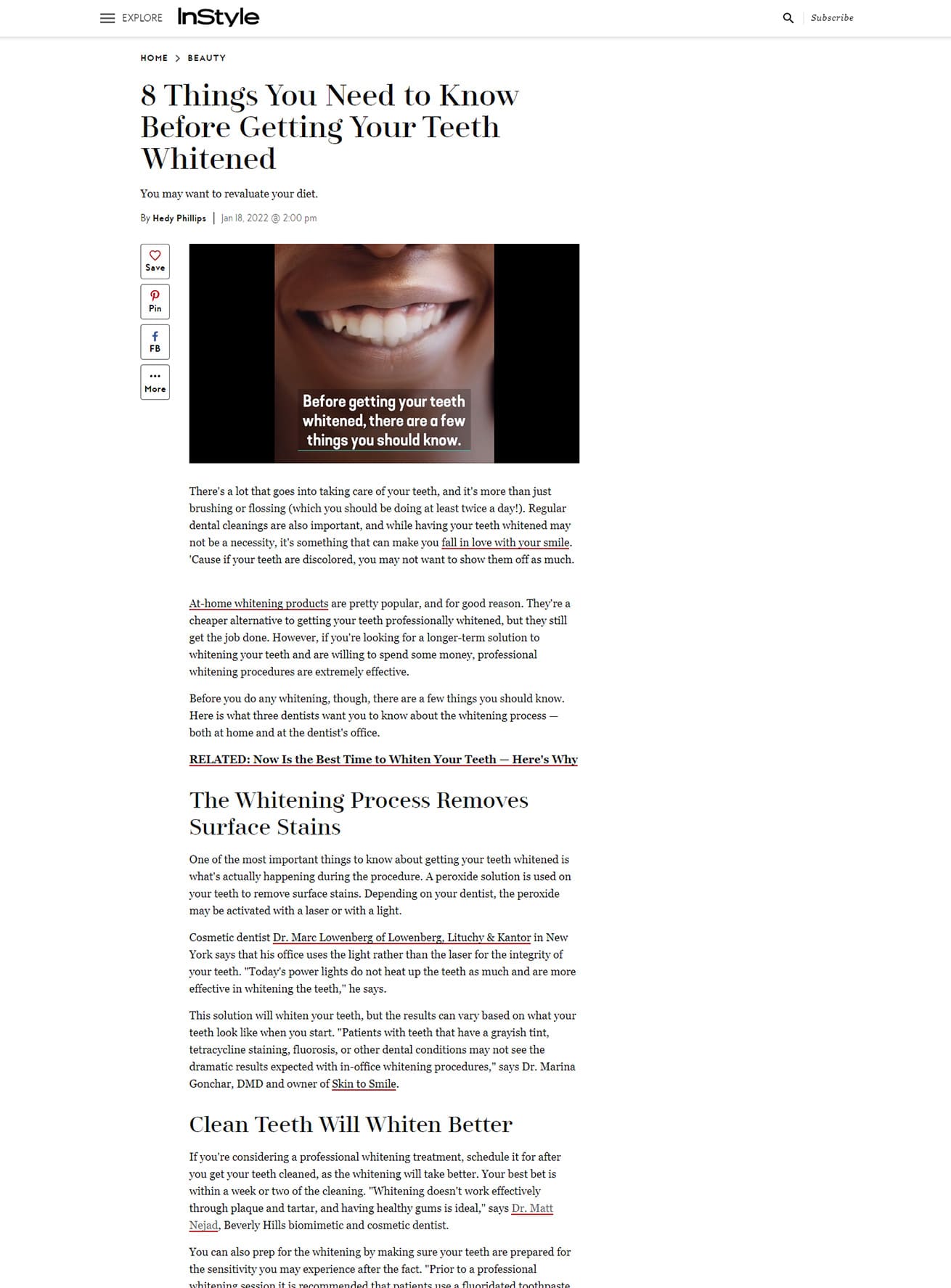 Screenshot of an article titled: 8 Things You Need to Know Before Getting Your Teeth Whitened