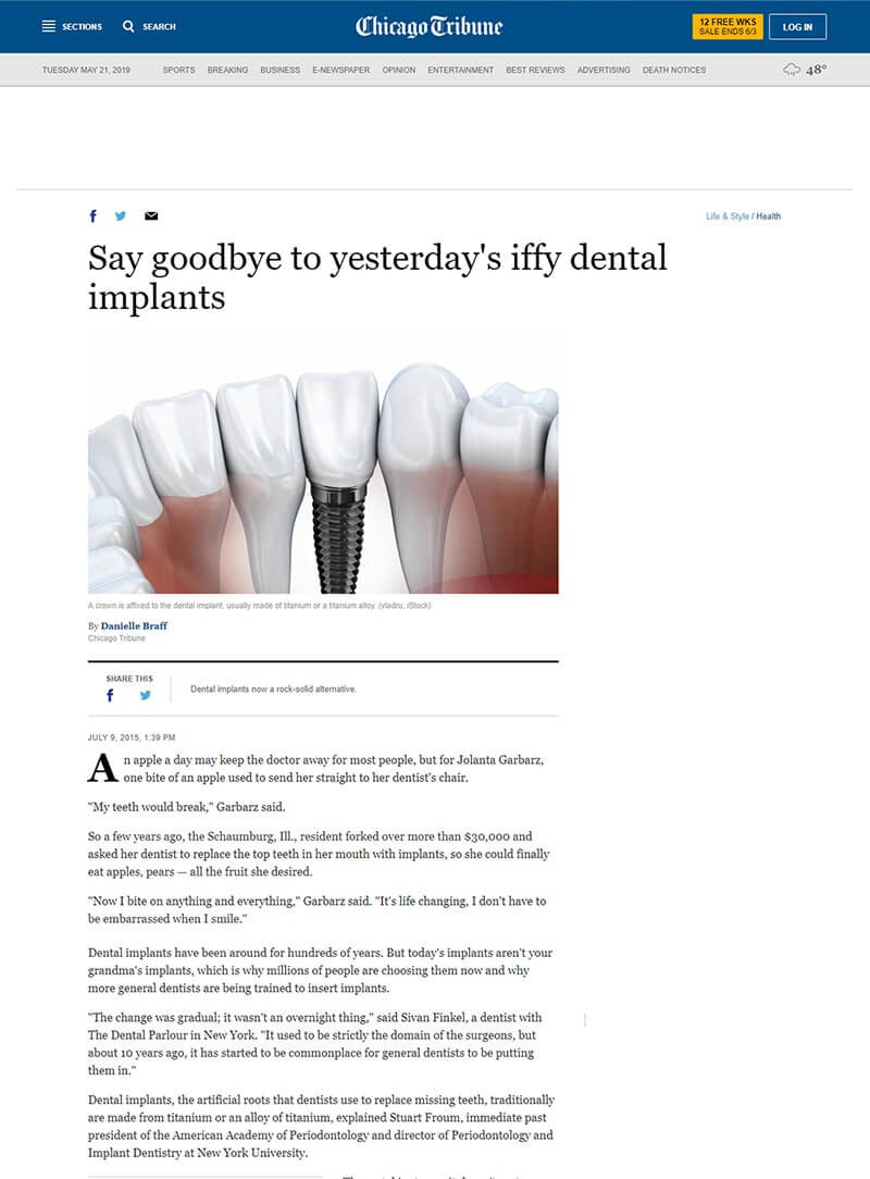 Chicago Tribune JUL 2015 Say goodbye to yesterday's iffy dental implants | Comments by Dr. Kyle Stanley Beverly Hills Read more