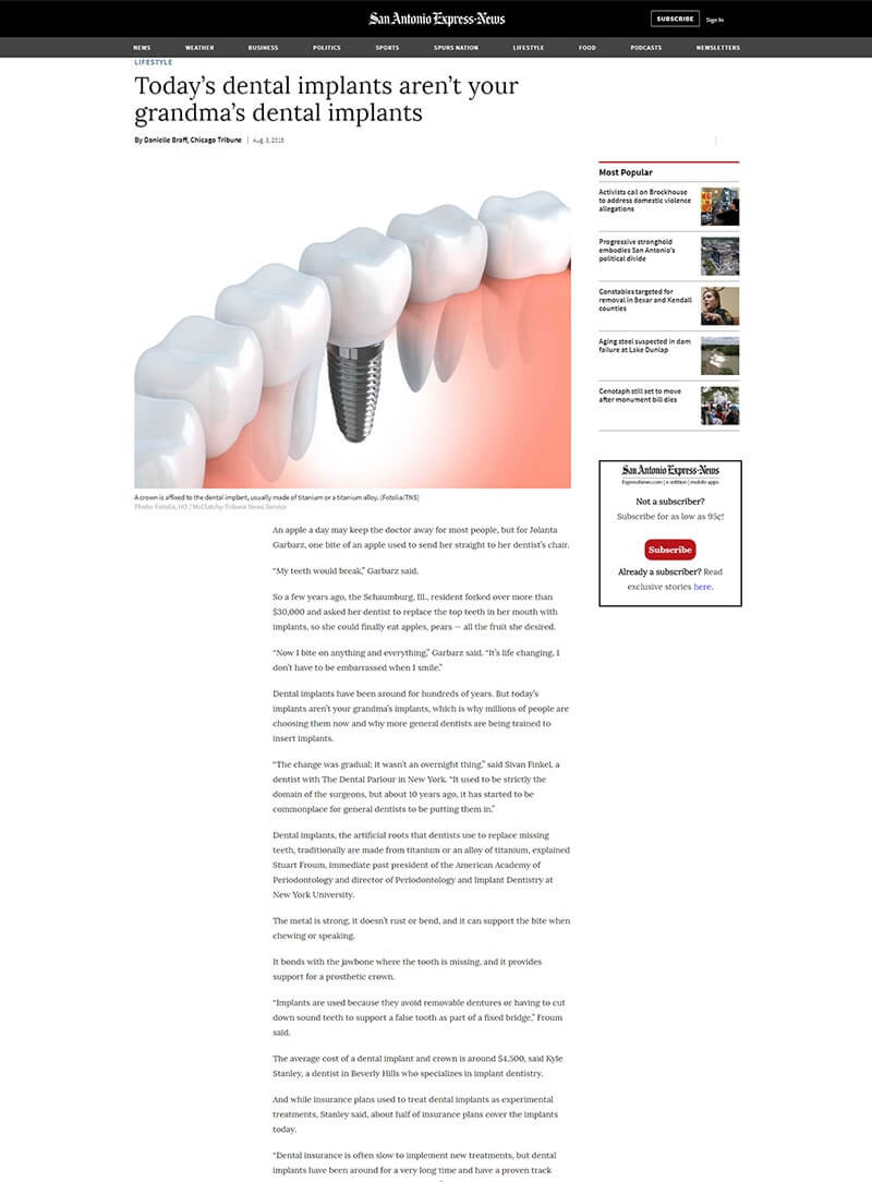 SA Express News AUG 2015 Today’s dental implants aren’t your grandma’s dental implants | Comments by Dr. Kyle Stanley Beverly Hills Read more