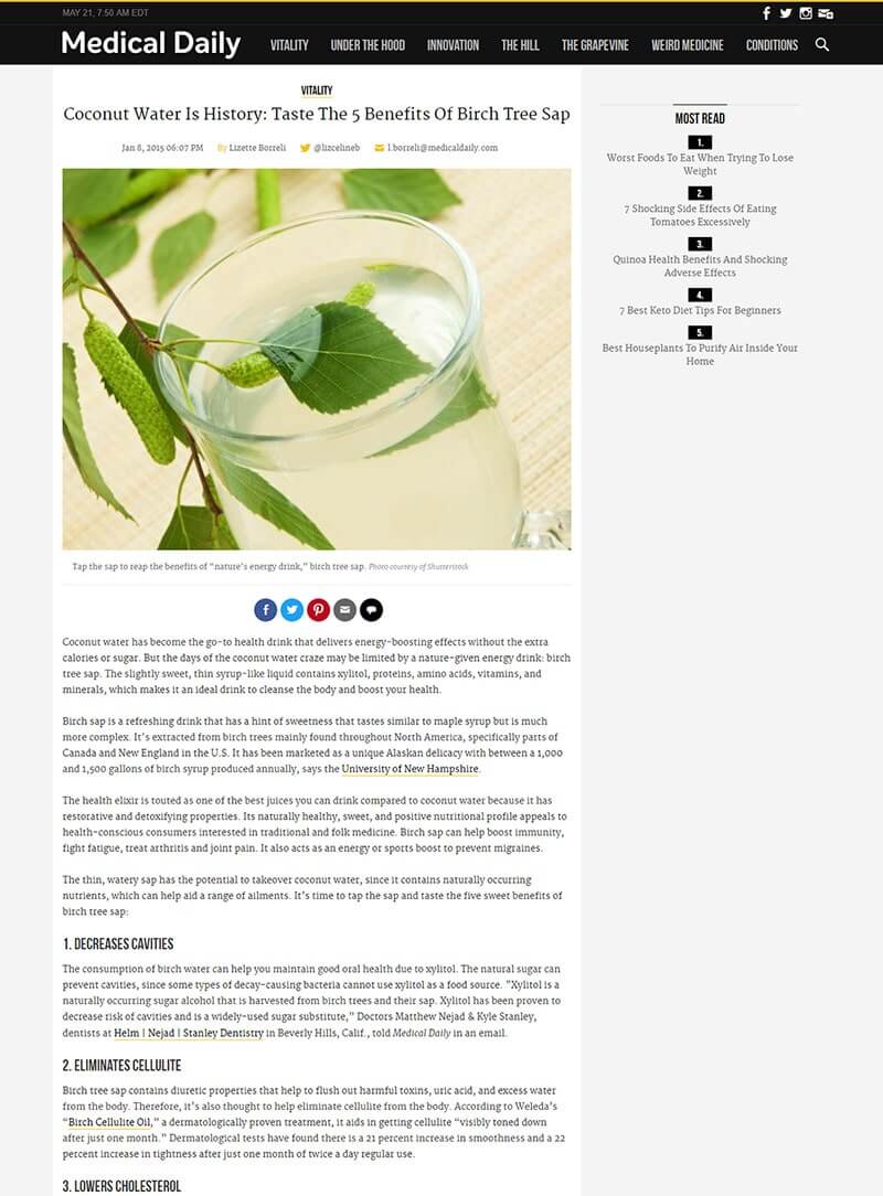 Medical Daily JAN 2015 Coconut Water Is History: Taste The 5 Benefits Of Birch Tree Sap | Comments by Dr. Matt Nejad Beverly Hills Read more