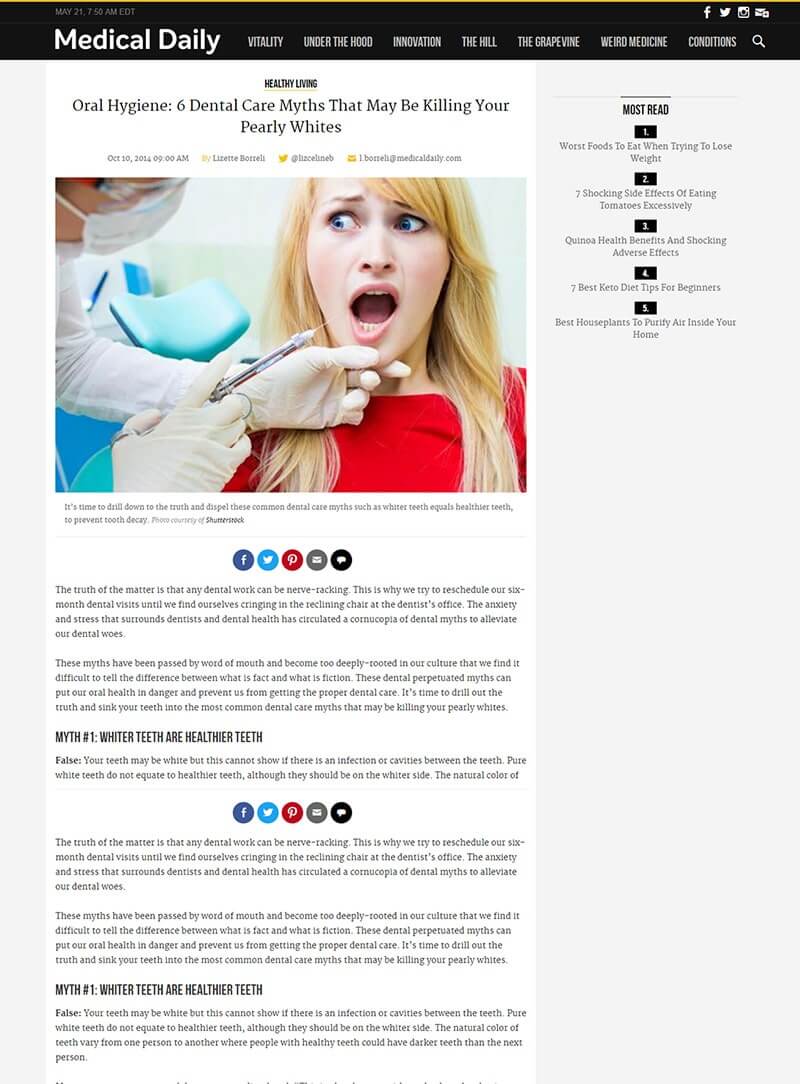 Medical Daily OCT 2014 Oral Hygiene: 6 Dental Care Myths That May Be Killing Your Pearly Whites | Comments by Dr. Matt Nejad Beverly Hills Read more