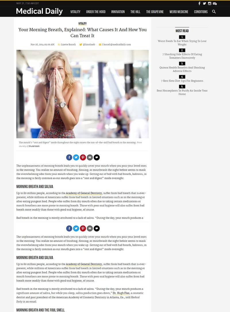 Medical Daily NOV 2014 Your Morning Breath, Explained: What Causes It And How You Can Treat It | Comments by Dr. Matt Nejad Beverly Hills Read more