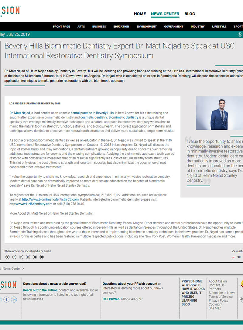 screenshot of the linked article titled: Beverly Hills Biomimetic Dentistry Expert Dr. Matt Nejad to Speak at USC International Restorative Dentistry Symposium