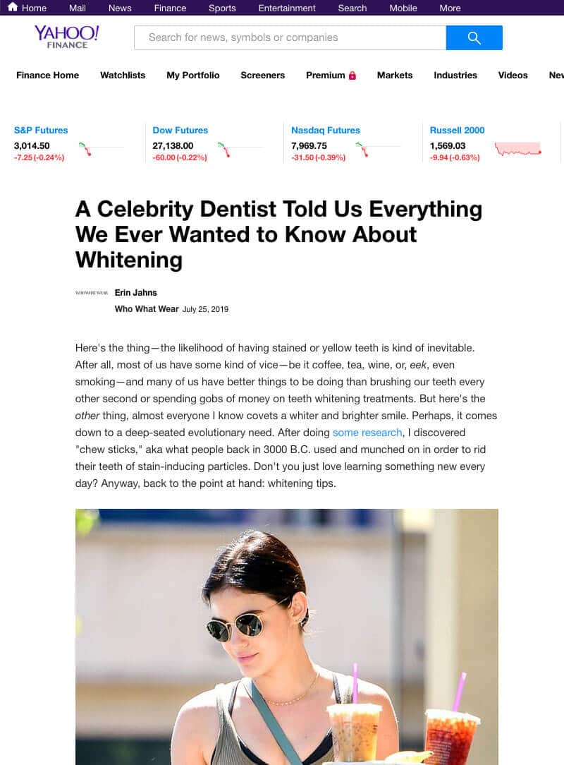 screenshot of a article titled: A Celebrity Dentist Told Us Everything We Ever Wanted to Know About Whitening