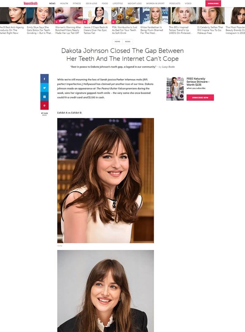 screenshot of a article titled: Dakota Johnson Closed The Gap Between Her Teeth And The Internet Can’t Cope