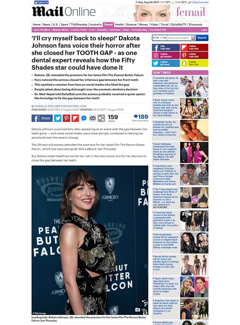 screenshot of a article titled: 'I'll cry myself back to sleep!' Dakota Johnson fans voice their horror after she closed her TOOTH GAP - as one dental expert reveals how the Fifty Shades star could have done it