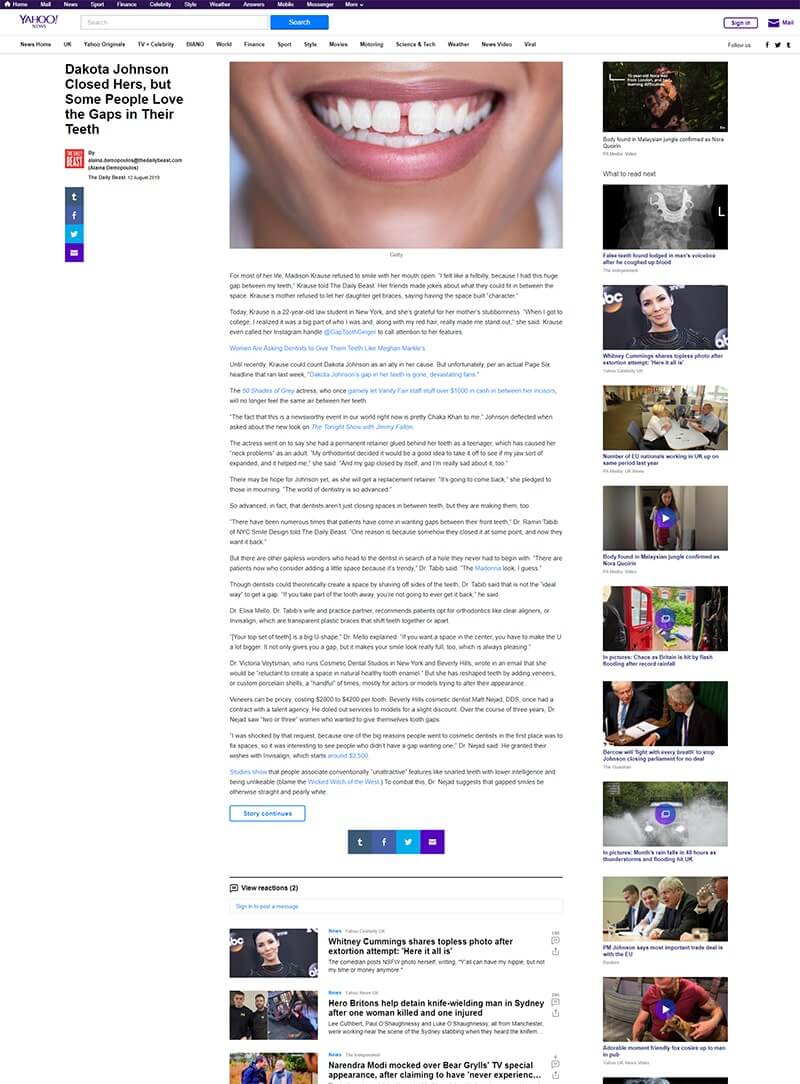 screenshot of a article titled:Dakota Johnson Closed Hers, but Some People Love the Gaps in Their Teeth