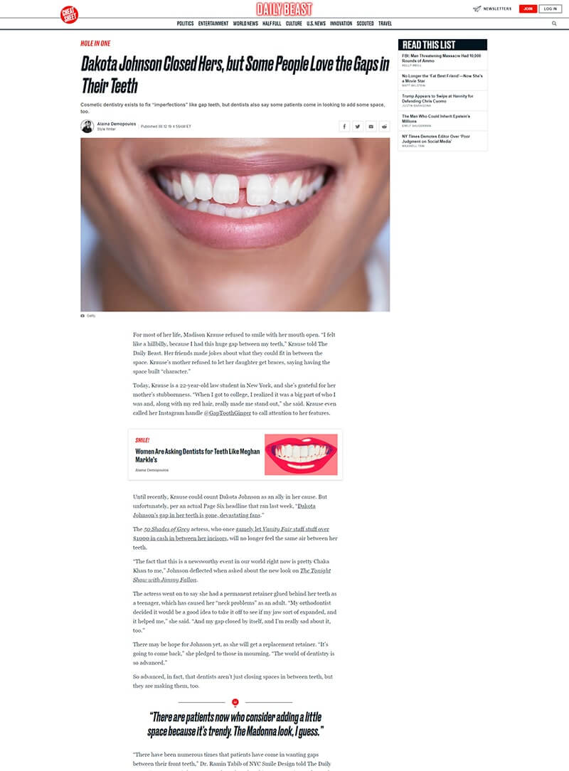screenshot of a article titled: Dakota Johnson Closed Hers, but Some People Love the Gaps in Their Teeth