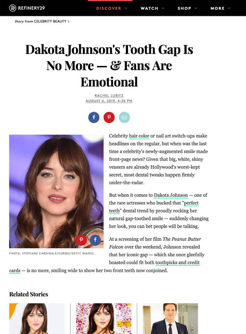 screenshot of a article titled: Dakota Johnson's Tooth Gap Is No More — & Fans Are Emotional