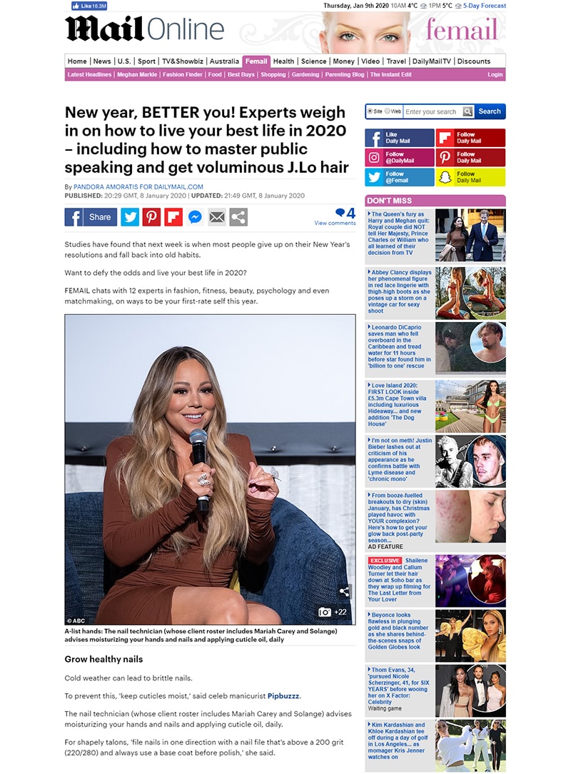 screenshot of a article titled: New year, BETTER you! Experts weigh in on how to live your best life in 2020 – including how to master public speaking and get voluminous J.Lo hair