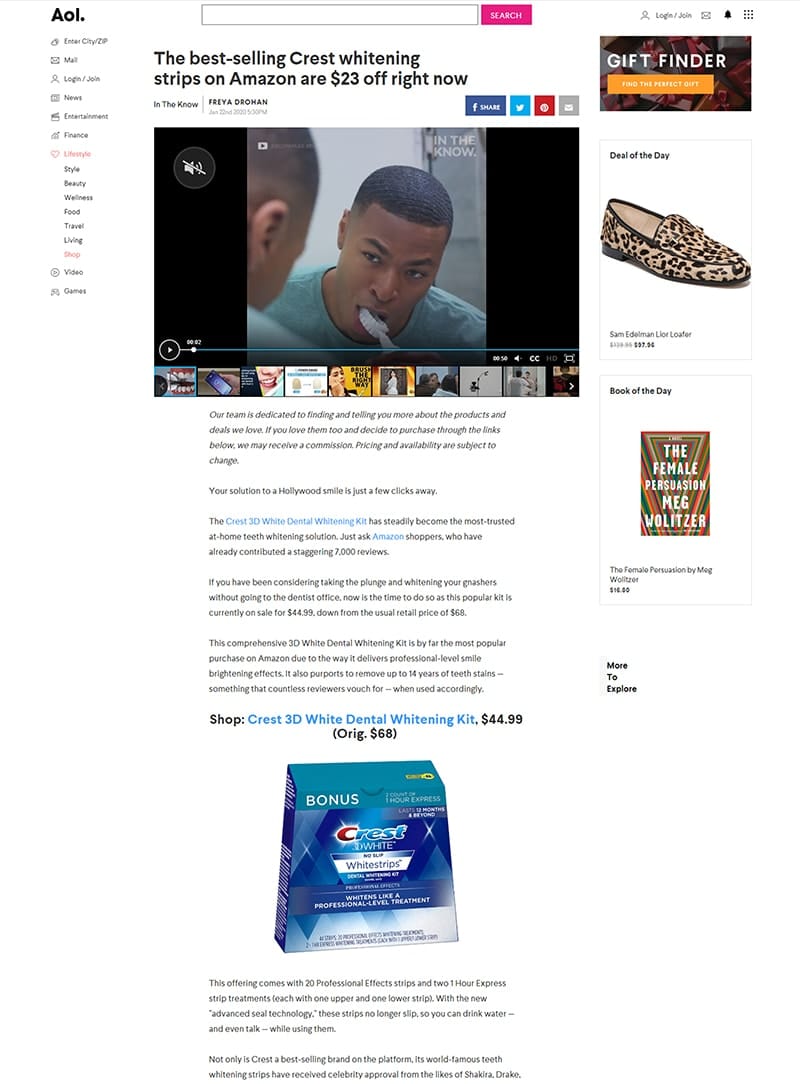 screenshot of a article titled: The best-selling Crest whitening strips on Amazon are $23 off right now