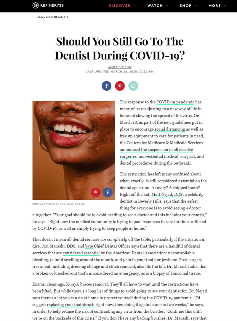 Screenshot of a article titled: Should You Still Go To The Dentist During COVID-19?