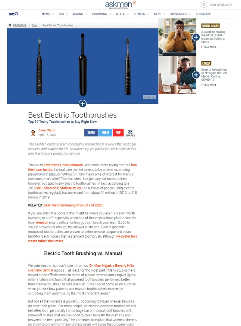 Screenshot of a article titled: Best Electric Toothbrushes
