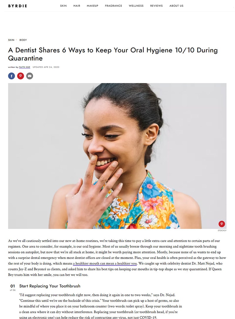 Screenshot of a article titled: A Dentist Shares 6 Ways to Keep Your Oral Hygiene 10/10 During Quarantine