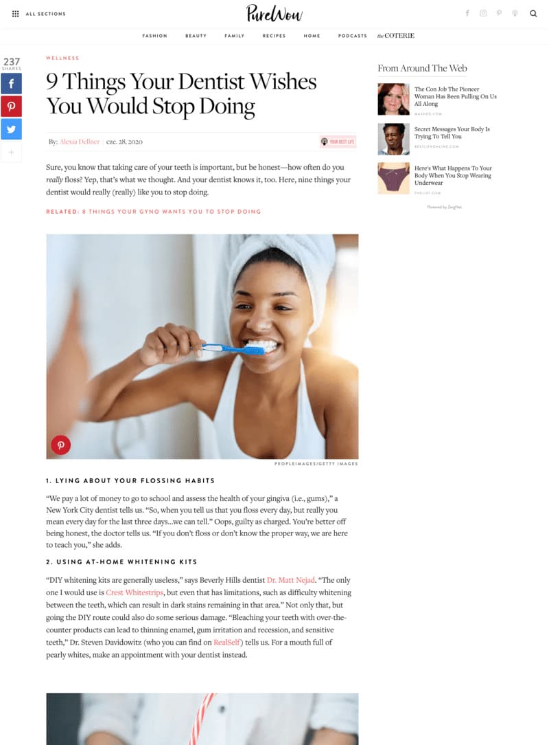 Screenshot of an article: 9 Things Your Dentist Wishes You Would Stop Doing