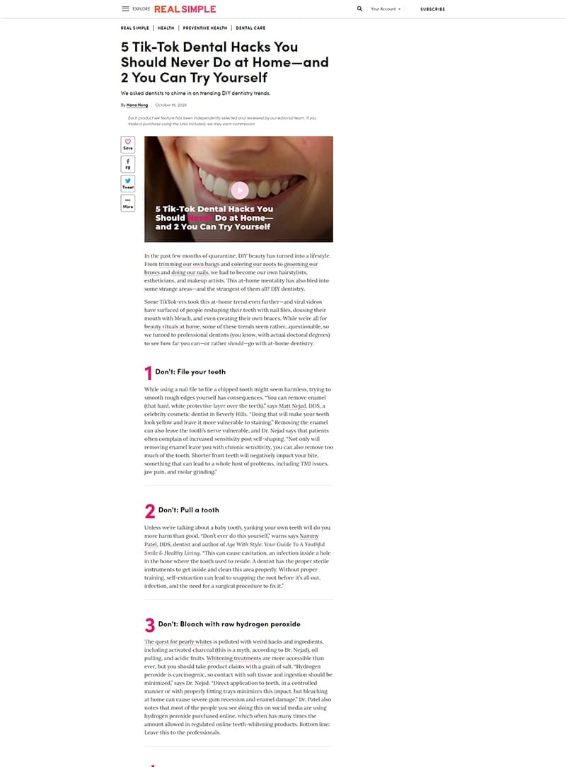 Screenshot of an article: 5 Tik-Tok Dental Hacks You Should Never Do at Home—and 2 You Can Try Yourself