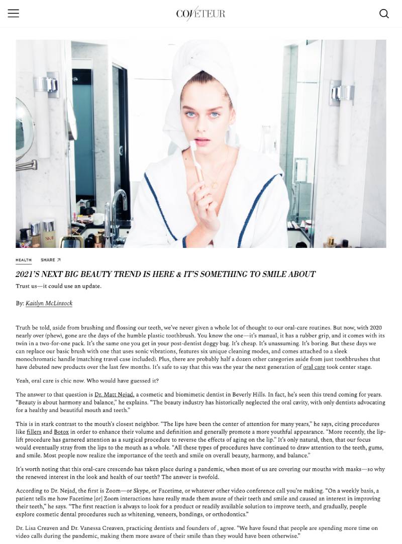 Screenshot of an article: 2021’s Next Big Beauty Trend Is Here & It’s Something to Smile About