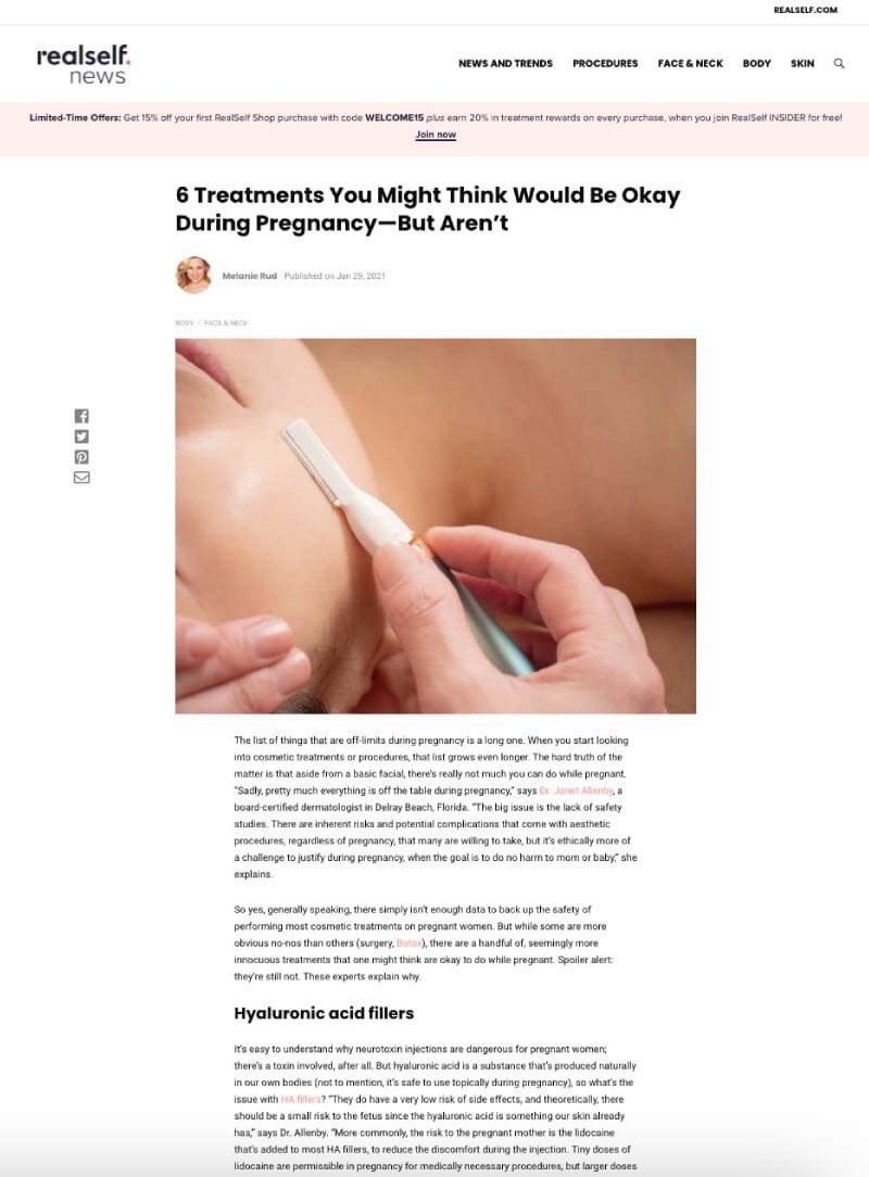 Screenshot of an article: 6 Treatments You Might Think Would Be Okay During Pregnancy—But Aren’t