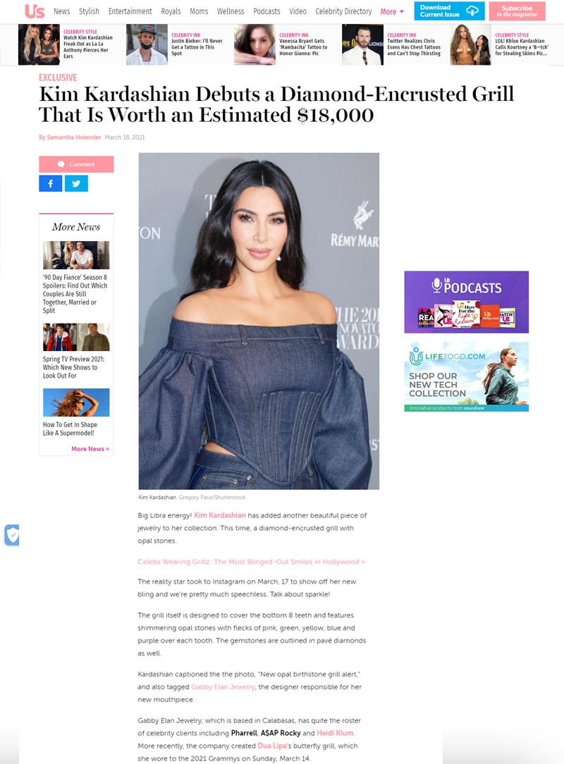 Screenshot of an article: Kim Kardashian Debuts a Diamond-Encrusted Grill That Is Worth an Estimated $18,000