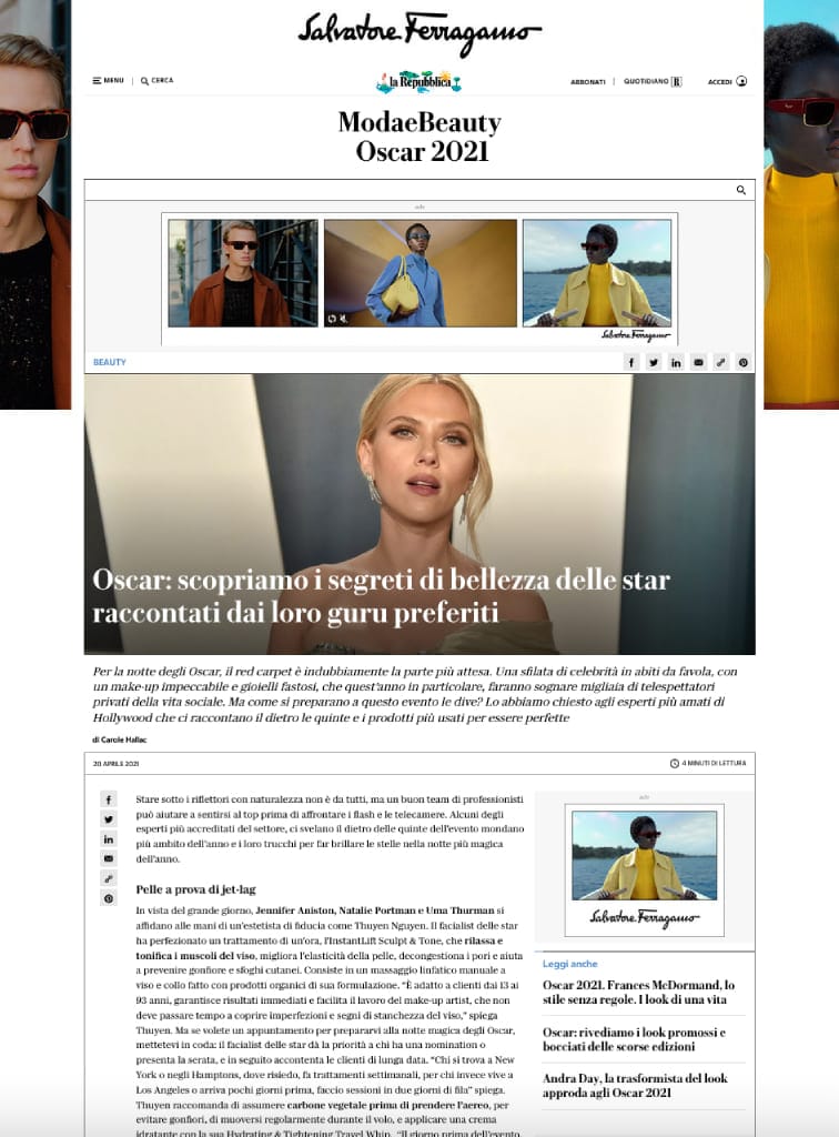 Screenshot of an article: Oscar: scopriamo i segreti di bellezza delle star raccontati dai loro guru preferiti