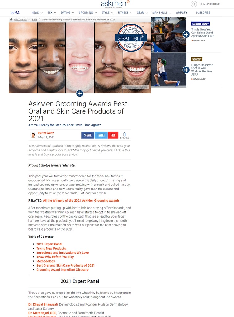 Screenshot of an article: AskMen Grooming Awards Best Oral and Skin Care Products of 2021