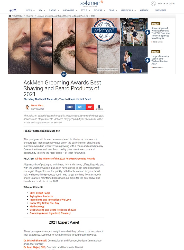 Screenshot of an article: AskMen Grooming Awards Best Shaving and Beard Products of 2021