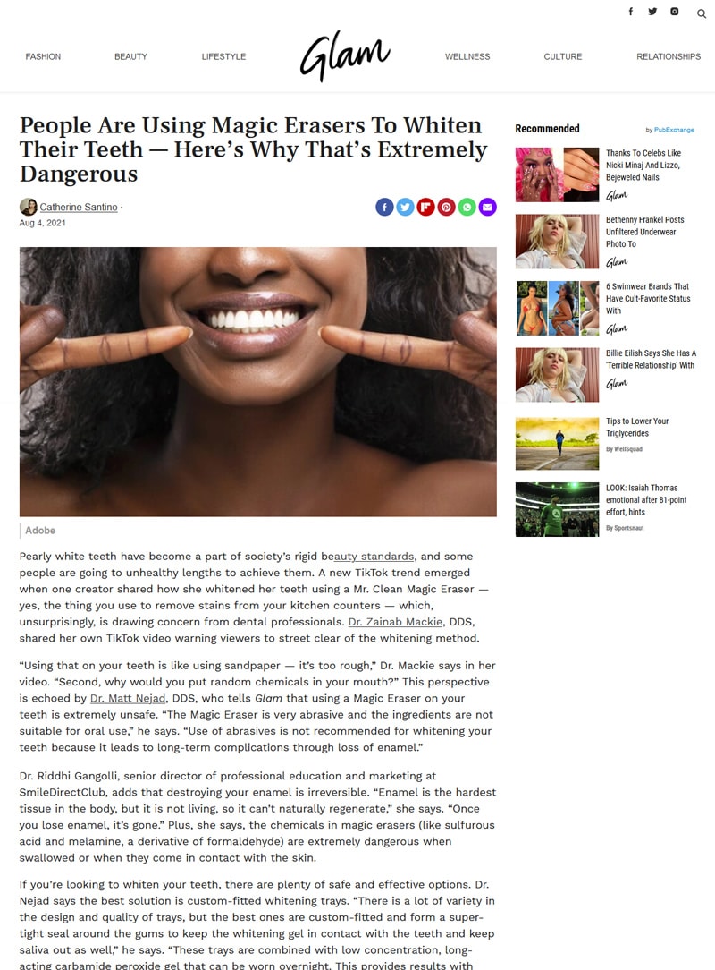 Screenshot of an article titled: People Are Using Magic Erasers To Whiten Their Teeth - Here’s Why That’s Extremely Dangerous