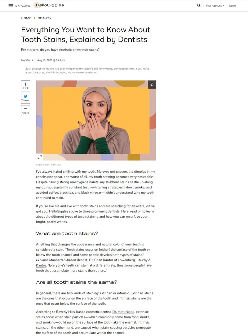 Screenshot of an article titled: Everything You Want to Know About Tooth Stains, Explained by Dentists