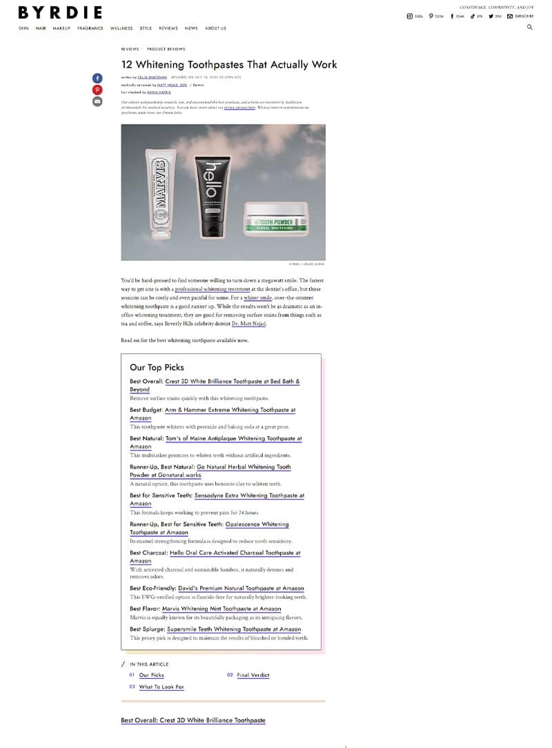Screenshot of an article titled: 12 Whitening Toothpastes That Actually Work
