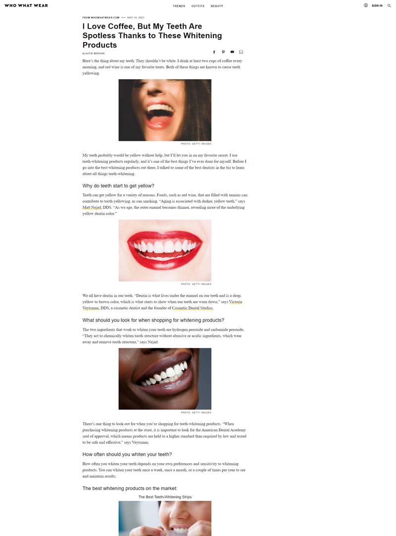 Screenshot of an article titled: I Love Coffee, But My Teeth Are Spotless Thanks to These Whitening Products