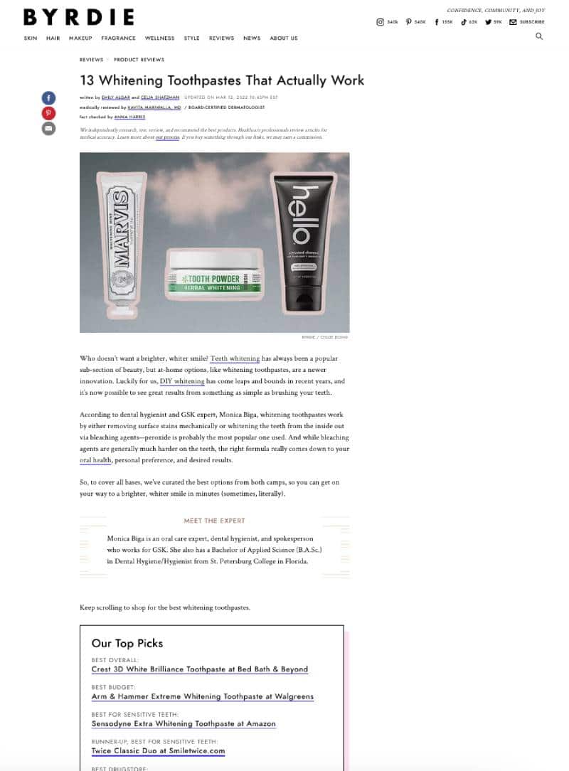 Screenshot of an article titled: 13 Whitening Toothpastes That Actually Work