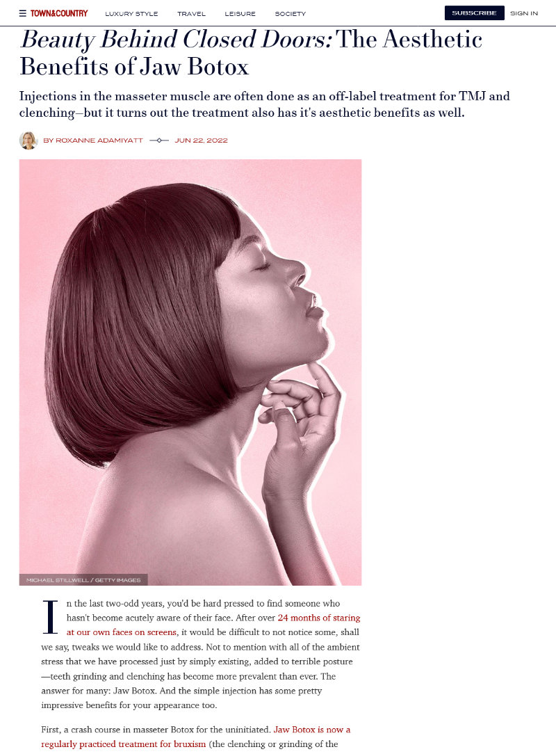 Screenshot of an article titled: Beauty Behind Closed Doors: The Aesthetic Benefits of Jaw Botox