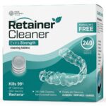 Box of Retainer Cleaner Extra Strength tablets, featuring a clear dental retainer, claims of 240 tablets, kills 99% of bacteria, persulfate free, and suitable for aligners and dentures.